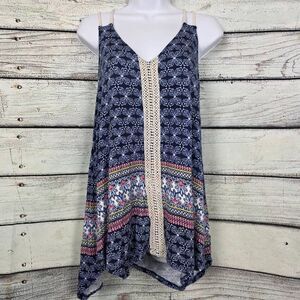 Maurices Navy Boho Print Crochet Trim Tank Top Size XL